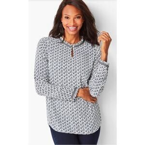 Talbots Size Mp Medium Petite Bird Cage Print Grosgrain-Trim Crinkle Blouse